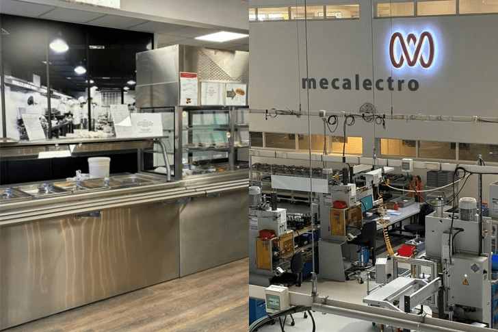 メカレクトロの食堂と工場内部。社員にとって働きやすい職場づくりを進めている