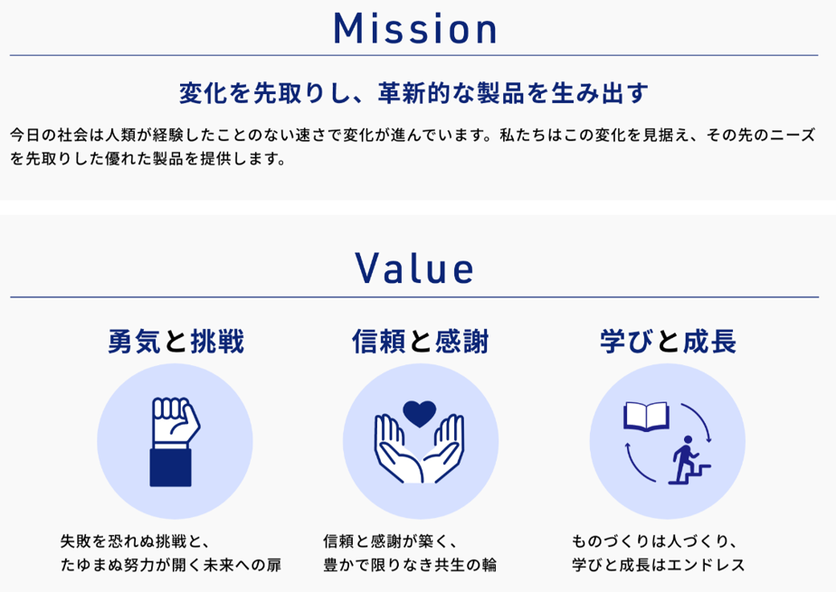 同社が掲げるMissionとValueでは、革新的な製品開発の実現には従業員のエンゲージメントと教育が必須であることを明言している(出所:インスペック コーポレートサイト)