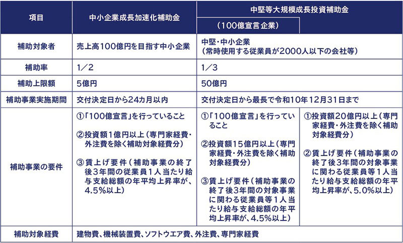 【図表】「中小企業成長加速化補助金」「中堅等大規模成長投資補助金」補助事業概要