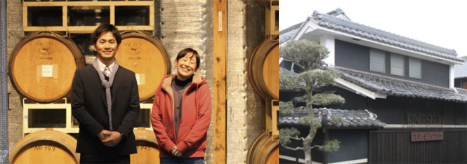 左からデアルケの岩本修氏、カタシモワイナリーの高井麻記子氏。カタシモワイナリーの醸造所は、工場に隣接する古民家を買い取り改修した（写真右）