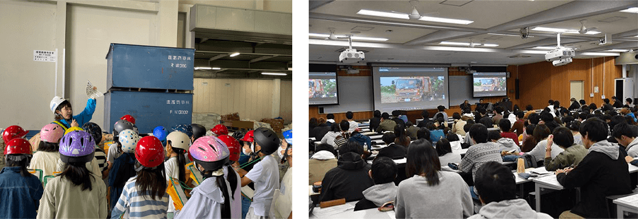 工場見学は人気があり、年間130組以上が訪問している（左） 直富商事社員による信州大学での講義の様子（右）
